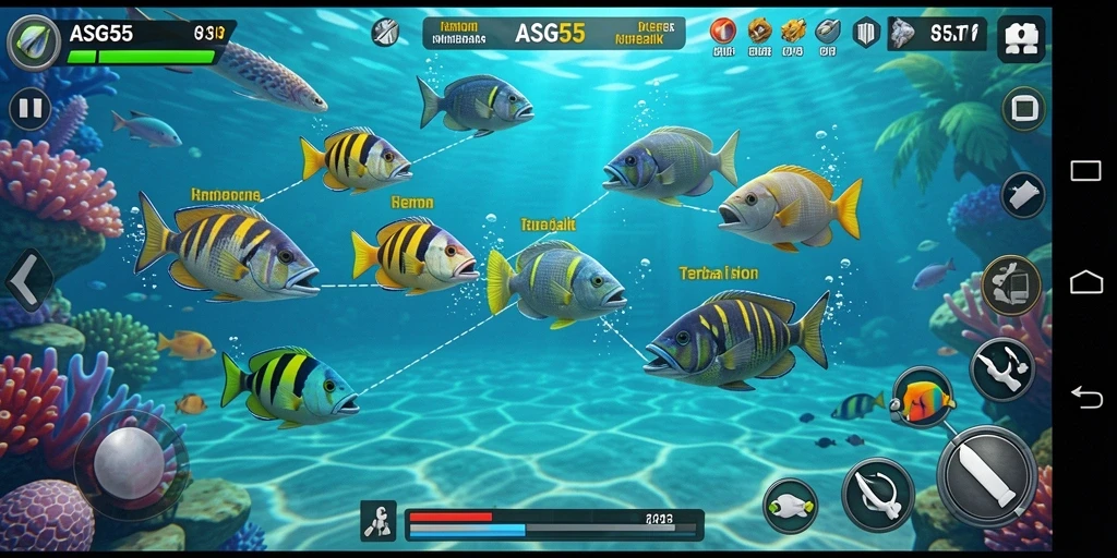 Tampilan gameplay ASG55 dengan aksi menembak ikan yang seru.