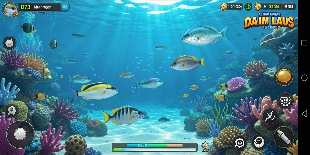 Tampilan gameplay D73 yang menampilkan aksi memancing ikan yang seru.