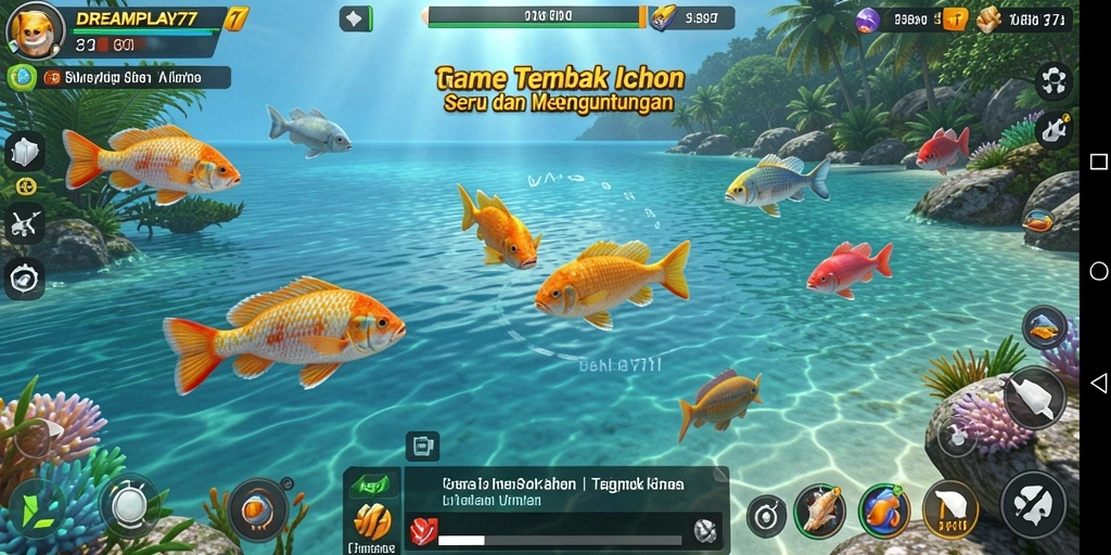 Tampilan gameplay <strong>DREAMPLAY77</strong> saat menangkap ikan dengan beragam efek visual.