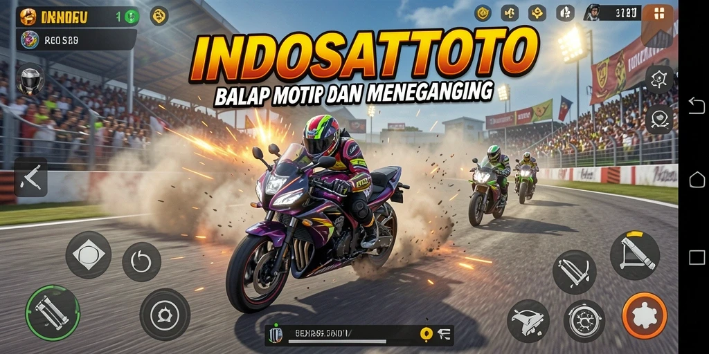 Screenshot gameplay INDOSATTOTO menampilkan balapan motor yang mendebarkan.