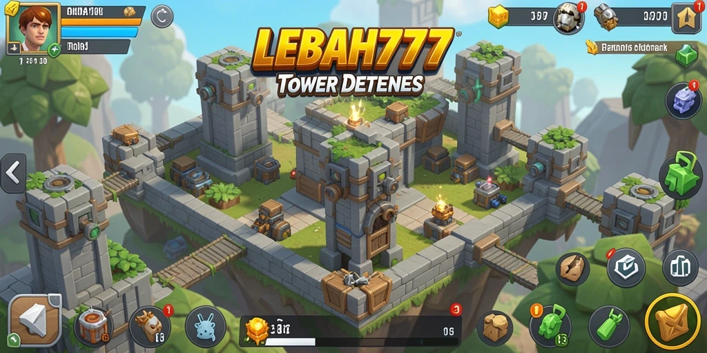 Screenshot gameplay LEBAH777 menampilkan menara yang berperang melawan gelombang musuh.