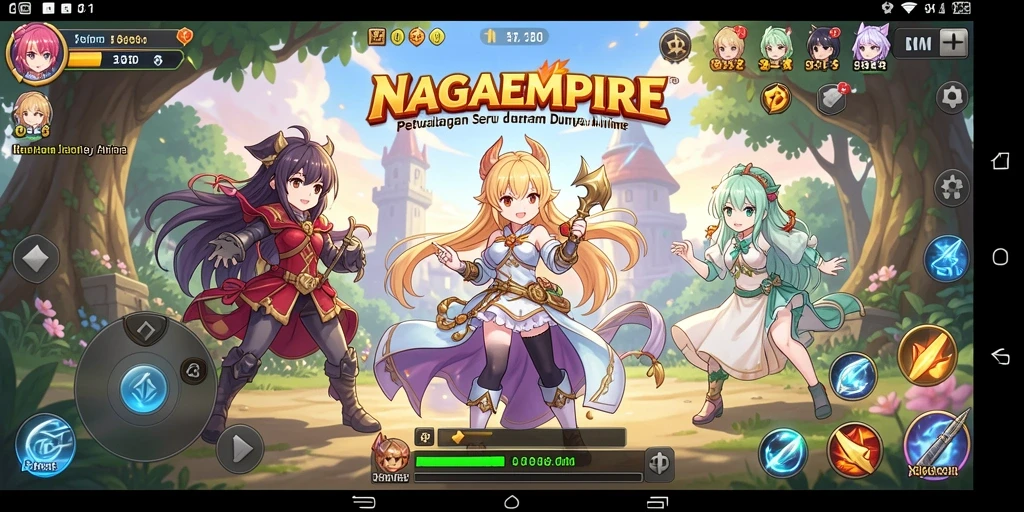 Screenshot gameplay NAGAEMPIRE menampilkan aksi pertarungan karakter Anime.