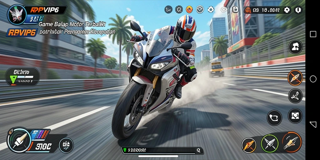 Screenshot RPVIP6 menampilkan aksi balap motor yang mendebarkan.